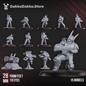 Puede incluir: Una colección de 15 modelos en miniatura grises, incluyendo soldados y torretas, sobre bases negras. Los modelos están en varias poses, algunos sosteniendo armas. También se ve el texto "28 mm de pies a ojos" y "15 modelos".