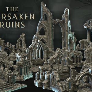 Può includere: Una collezione di rovine in miniatura grigie con porte ad arco, muri diroccati e scale. Il testo "THE FORSAKEN RUINS" è visualizzato in alto. Strutture per giochi da tavolo o modellismo.