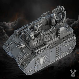 May include: A detailed model of a heavily armoured, futuristic tank with a raised platform and multiple gun turrets. The tank is painted in a grey colour and features intricate details, including skulls and other decorative elements.