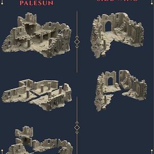 Peut inclure: Une fiche produit intitulée « PIECE LIST » présente des composants de bâtiments miniatures, patinés, de couleur pierre. Les composants sont étiquetés « CHURCH OF PALESUN » et « SIDE WING ». Les pièces semblent être pour un jeu de société ou un modèle.