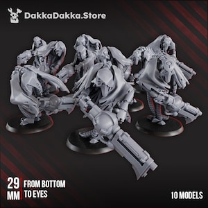 May include: A collection of ten gray miniature models of futuristic robotic figures. Each figure is posed on a black base, with detailed armor and weaponry. The text on the image reads "29 mm from bottom to eyes". The DakkaDakka.Store logo is in the top left corner.