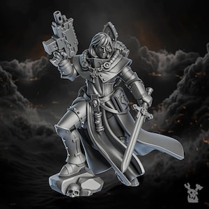 May include: A grey figurine of a warrior in armour, holding a futuristic gun and a sword. The figure stands on a rocky base with skulls, set against a dark, cloudy background. The warrior wears a long coat and has a mechanical eyepiece.