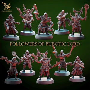 May include: A set of 9 grey plastic miniature figures of plague doctors with various weapons and accessories. The figures are posed in a variety of dynamic stances. The figures are all standing on round bases. The text "FOLLOWERS OF BUBOTIC LORD" is printed on the base of the figures.