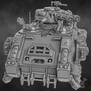 May include: A gray, detailed model of a futuristic armored vehicle with multiple guns and a large, open hatch on the top. The vehicle has a textured surface and a variety of intricate details.