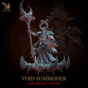 May include: A grey Void Summoner miniature figure, holding a staff with a detailed dragon-like head. The figure is on a platform with curved blades, with the text "VOID SUMMONER" and "THE ABYSSAL GLIDER" below. The Taleskeeper logo is in the upper left.