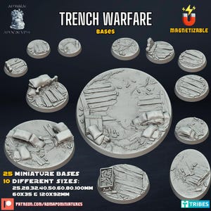 Trench Warfare Bases / Magnet Ready / 25mm, 28mm, 32mm, 40mm, 50mm, 60mm, 80mm, 100mm Round / 60mm, 120mm Oval- Licensed Printing