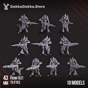 May include: Ten grey miniature models of futuristic soldiers, each holding a long weapon. The models are on black bases. Text on the image reads "43 mm from feet to eyes" and "10 models". The DakkaDakka.Store logo is in the top left corner.