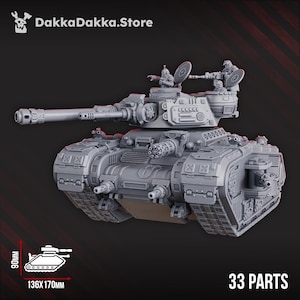 May include: A gray model tank with a long barrel, multiple turrets, and detailed treads. The tank measures 136 x 170mm and is 90mm high. The image includes the text "DakkaDakka.Store" and "33 PARTS".