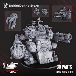 May include: A gray, detailed model of a war machine with multiple cannons, a large central body, and a claw-like arm. The model is 170mm tall and 212 x 148mm in size. The image includes the text "DakkaDakka.Store" and "30 PARTS + ASSEMBLY GUIDE."