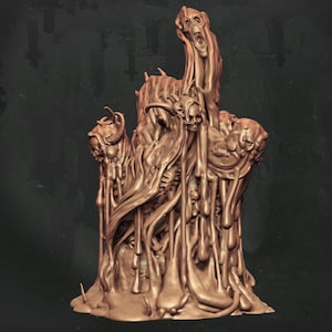 May include: A brown, grotesque sculpture featuring multiple skulls, horns, and a screaming figure. The sculpture has a melted, dripping appearance, with a textured surface and a dark background. The overall theme is horror or fantasy.
