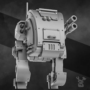 May include: A grey, detailed, articulated robot with a large, cylindrical body and two cannons on the top. The robot has a small, rectangular window on the front of its body.