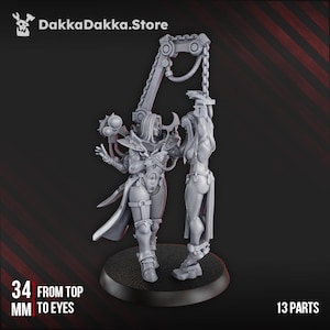 May include: A gray 3D-printed miniature of two female figures, one holding a weapon and the other suspended from a mechanical arm. The text "34 MM FROM TOP TO EYES" and "13 PARTS" is visible. The store logo "DakkaDakka.Store" is in the top left corner.