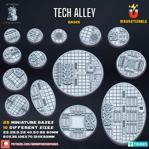Tech Alley Bases / Magnet Ready / 25mm, 28mm, 32mm, 40mm, 50mm, 60mm, 65mm, 80mm Round / 60mm, 105mm, 120mm Oval - Licensed Printing