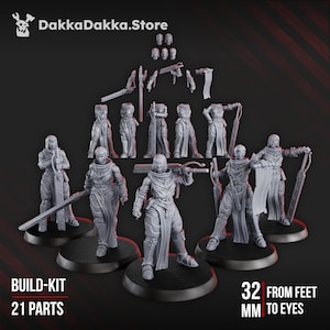 May include: A selection of grey plastic miniature figures, including complete figures and separate parts. The figures are posed on black bases. Text on the image reads "BUILD-KIT 21 PARTS" and "32 mm FROM FEET TO EYES". The DakkaDakka.Store logo is in the upper left corner.