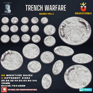 Trench Warfare v2 Bases / Magnet Ready / 25mm, 28mm, 32mm, 40mm, 50mm, 60mm, 100mm, 130mm Round / 60mm, 75mm, 120mm Oval- Licensed Printing