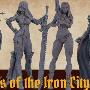 May include: Four detailed grey painted miniature figurines of characters from a fantasy or science fiction setting. The figures are posed in dynamic stances and feature intricate details, including weapons and armour. The title "Statues of the Iron City Vol. 2" is visible at the bottom of the image.