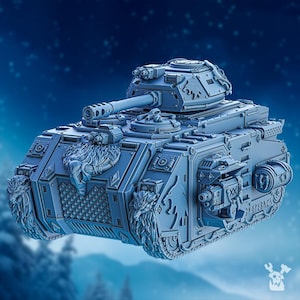 May include: A detailed, light blue model tank with intricate designs and a long barrel. The tank features decorative lion head emblems on the front and sides. The model is set against a blurred, blue background, suggesting a winter scene.