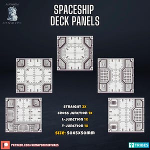 May include: Five different spaceship deck panel designs, each measuring 50x5x50mm. The panels are white with black details and include straight, cross, L-shaped, and T-shaped junctions.