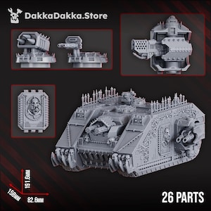 May include: A grey 3D-printed model kit with various components, including a tank-like vehicle with intricate detailing, measuring 19.16cm high and 8.26cm wide. The kit comprises 26 parts and features the DakkaDakka.Store logo.
