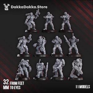 Puede incluir: Una colección de 11 modelos en miniatura grises de soldados, cada uno con diferentes poses y armas, sobre bases negras. El texto dice "32 mm del pie a los ojos" y "11 modelos". El logotipo de DakkaDakka.Store está en la esquina superior izquierda.