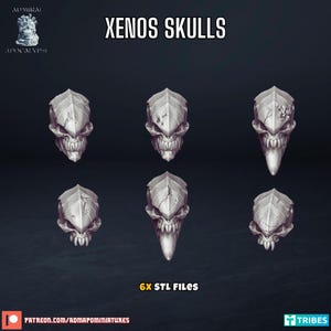 Puede incluir: Seis modelos de cráneos alienígenas impresos en 3D, cada uno con un diseño único. Los cráneos son grises y tienen una superficie texturizada. El texto "Xenos Skulls" y "6x STL Files" se muestra en la imagen.