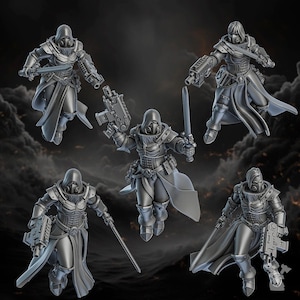 May include: Five detailed, gray miniature figures of armored characters with hooded masks, gas masks, and weapons. Each figure is in a dynamic pose, some holding swords and others holding guns. The figures are set against a dark, cloudy background.