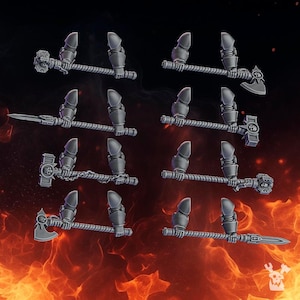 May include: A set of eight grey plastic miniature arms, each featuring armoured shoulder pauldrons and hands gripping various melee weapons including hammers, axes, and spears, with skull motifs integrated into the weapon designs.