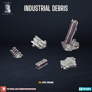May include: Five 3D printed models of industrial debris, including a broken wall, a pile of rubble, and a section of a metal beam. The models are designed for use in tabletop games and wargaming.