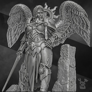 May include: A detailed grayscale sculpture of a winged warrior in ornate armor, holding a sword. The figure has a stern expression and is standing on a rocky base. The wings are large and feathered, and the armor has intricate designs.