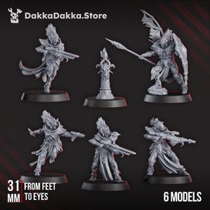 May include: Six gray miniature models of fantasy figures, each on a black base. The figures include warriors with weapons and a decorative pillar. The text on the image reads "31 mm from feet to eyes" and "6 models". The store logo is in the top left corner.