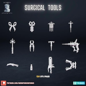 May include: A collection of stylized, silver-colored surgical tools, including scissors, syringes, and a chainsaw, against a dark background. The text "SURGICAL TOOLS" is displayed at the top. The image also includes the text "12x STL FILES" and a website address.