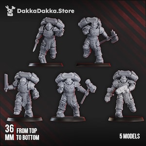 May include: Five 3D printed miniature figures of space marines, standing in a row from top to bottom. The figures are 36 mm tall and are made of grey plastic. The figures are wearing power armour and carrying weapons. The figures are from the DakkaDakka.Store.