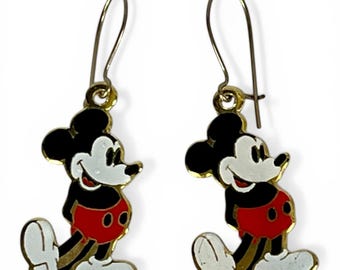 Vintage Mickey Mouse Earrings Enamel Dangle Walt Disney Productions Gold Tone