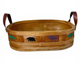 Vintage Rustic Wood Gathering Basket Trug Leather Handle Bear Fish Cabin 15x9x4