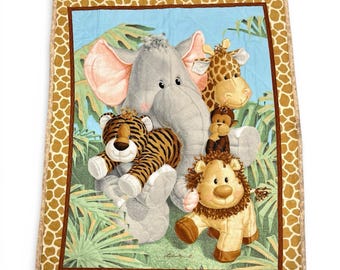 Vintage Handmade Safari Baby Quilt Wall Hanging Jungle Nursery Elephant Lion 41”