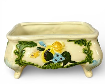 Vintage Footed Floral Ceramic Planter Cachepot Jardiniere Cottage Decor 1984 LO