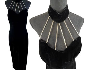 Vintage 90s Black Velvet Halter Gown SZ M USA Rhinestone Gothic Glam Dark Romantic Betsy & Adam