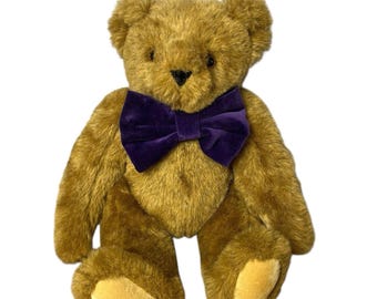 Vintage Vermont Teddy Bear 16”Plush Jointed Purple Bow Tie Collectible USA Made Heirloom Cottagecore