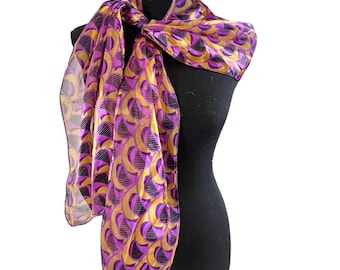 Vintage 80s 90s Abstract Scarf Purple Gold Satin Sheer Stripe Korea Mod 60”x 12”