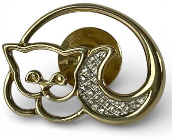 Vintage Cat Moon Brooch Avon Celestial Kitty Pin Gold Tone Pavé Lunar Witchy