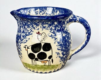 Vintage Molly Dallas Blue Spatterware Pottery Pitcher Cow & Chicken Folk Art 5″