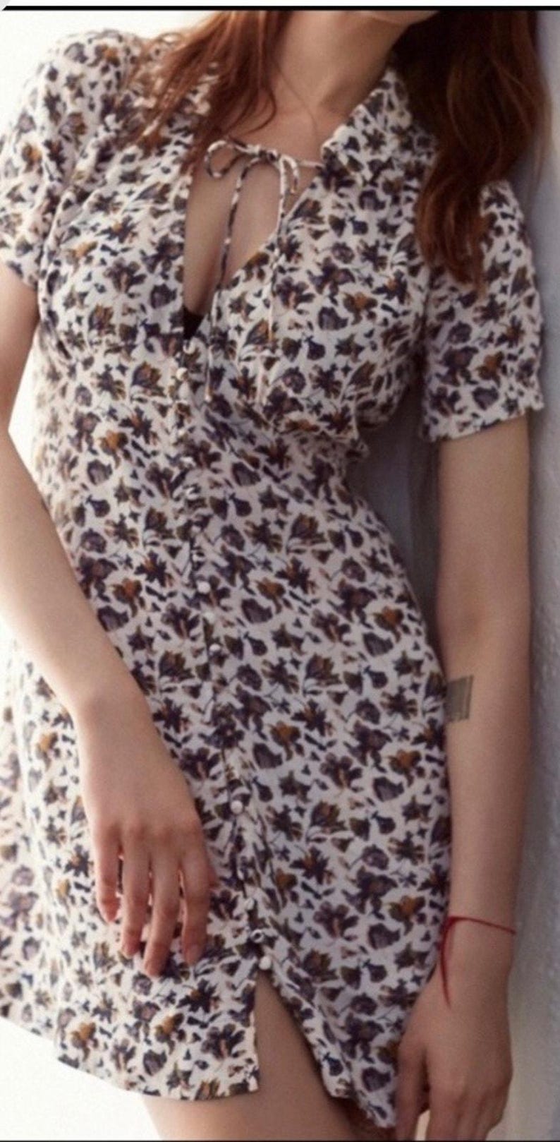 Vtg Free People Floral Mini Tea Dress Sz 2 Y2K Button Front Fitted Bodice Boho image 3