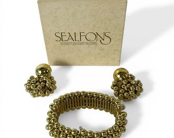 Vintage Sealfons NJ Gold Tone Bead Cluster Bracelet & Earrings Set 80s Glam Read