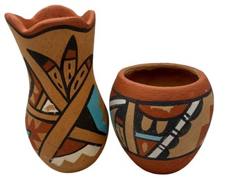 2 VTG Jemez fait main poterie amérindienne signée AW Jar Vase Art géométrique