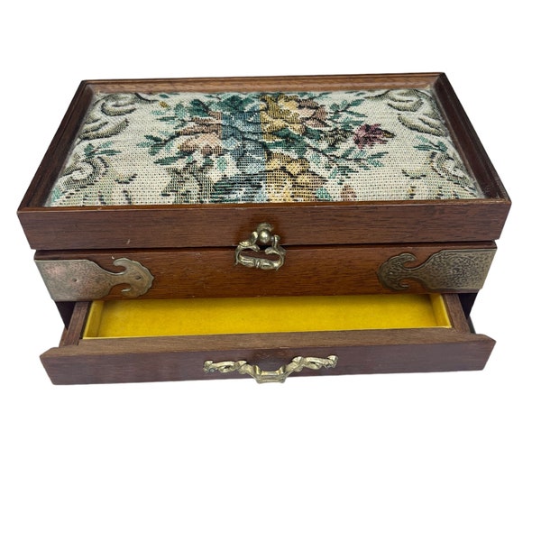 Vintage Wooden Jewelry Box Tapestry Floral Trinket Yellow Velvet Drawer Mirror