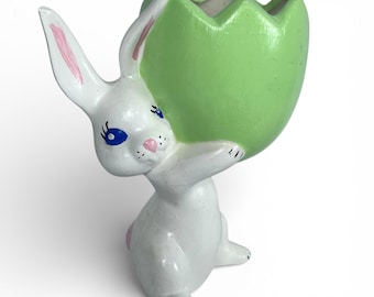 Vintage Ceramic Anthropomorphic Bunny Rabbit Egg Planter Vase Easter Kitschy
