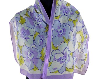 Vintage Glentex Sheer Floral Scarf Made in Japan Purple Green 42x12” 60s 70s Mod