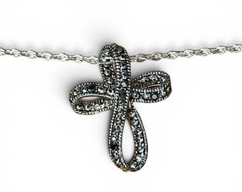 Silver Tone Marcasite Style Ribbon Infinity Cross Necklace 18” Art Deco Revival