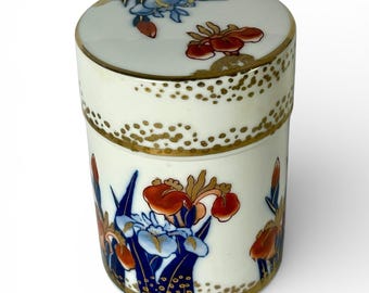 Vintage Gold Imari Japan Hand Painted Porcelain Tea Caddy Spice Lidded Jar Iris