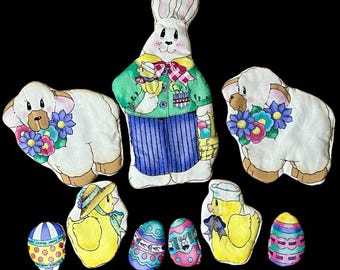 Vintage Laurie Campbell Easter Spring Fling Sewn Plush Applique Set Bunny Lamb Eggs Chicks